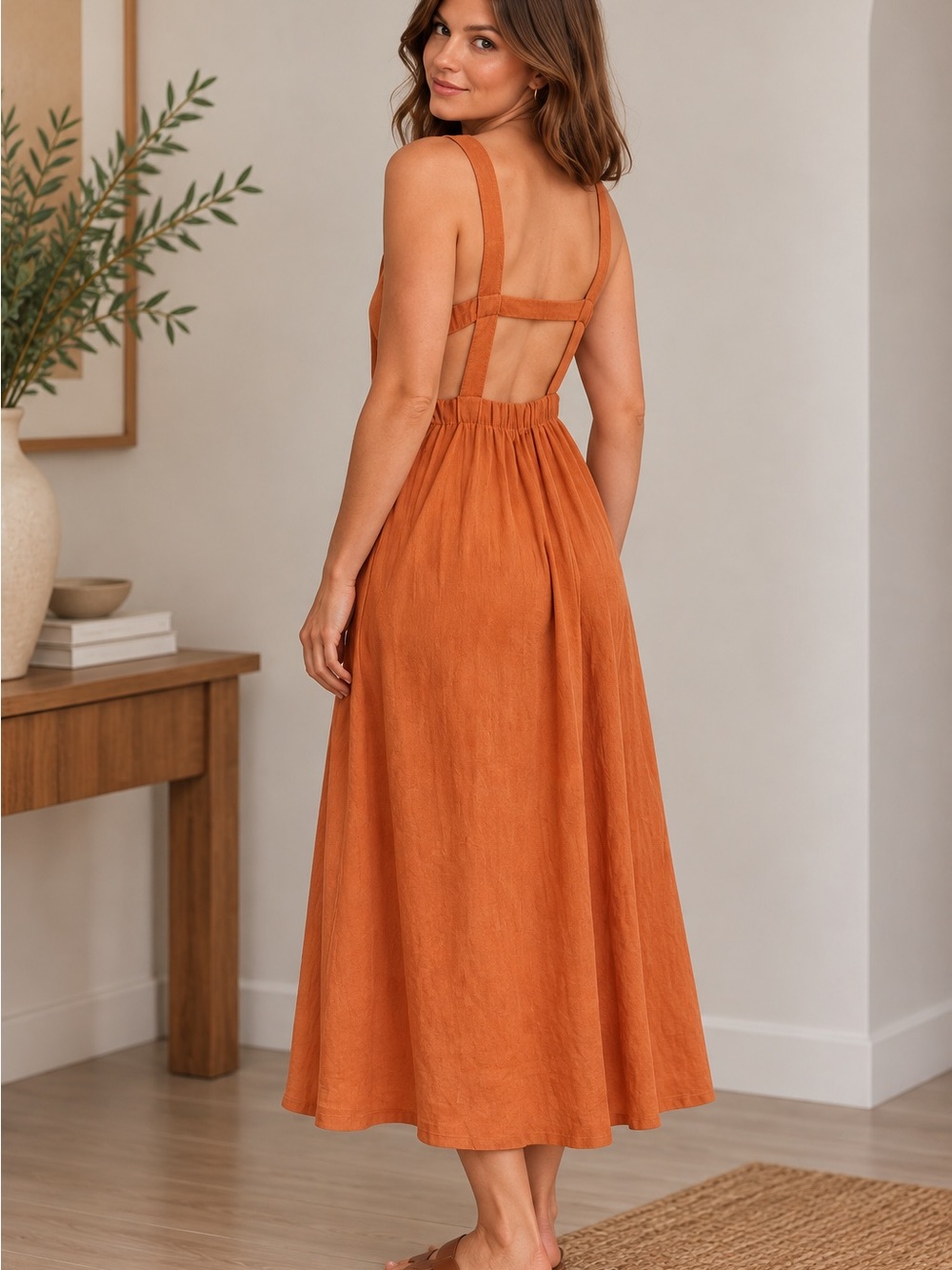 Strappy Open Back High Neck Midi Dress in Burnt Orange